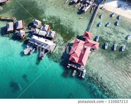 Mabul Island, the base for diving in Sipadan Island, Sabah state in Malaysia. 110887213