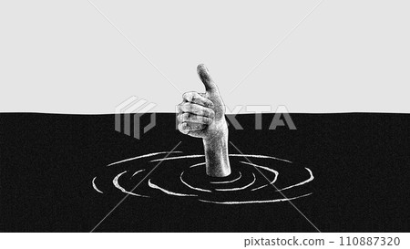 Human hand diving into black water and showing gesture of ok. Lying to self about emotional statements. Conceptual modern design. Human hand diving into black water and showing gesture of ok. Lying to self about emotional statements. Conceptual modern design. 110887320