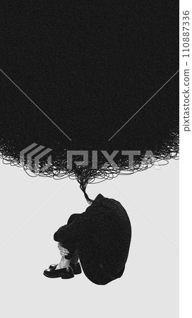 Person sitting in despair, suffering from negative tanged thoughts creating darkness in mind and feeling. Conceptual modern design. 110887336