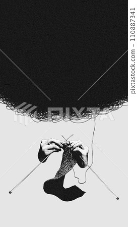 Mindfulness activities for mental well-being. Benefits of hobbies like knitting. Conceptual modern design. Black and white image of hands knitting with needles 110887341