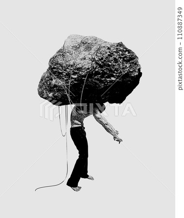 Man with giant heavy stone connected to him with rinks. Expectations, social pressure, negative thoughts. Conceptual modern design. Man with giant heavy stone connected to him with rinks. Expectations, social pressure, negative thoughts. Conceptual modern design. 110887349