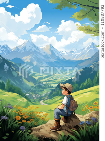 AI-generated content. Boy Sitting on a Stone and Summer Mountains Meadows on Background Illustration AI-generated content. Boy Sitting on a Stone and Summer Mountains Meadows on Background Illustration 110887792