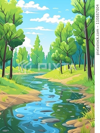AI-generated content. Landscape with Forest River Illustration 110887804