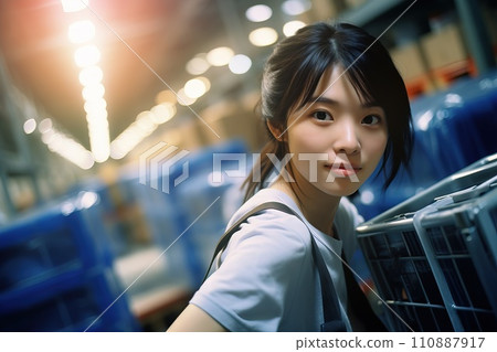 AI-generated content. Portrait of working Japanese woman in a distribution center warehouse Generative AI 110887917