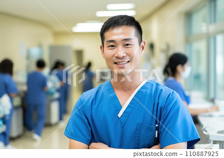 AI-generated content. Portrait of working Japanese cheerful nursing staff wearing a light blue polo shirt Generative AI 110887925