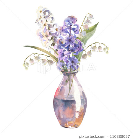 Watercolor illustration. Spring flowers hyacinth and lilies of the valley. Bouquet in a glass vase. Design for printing postcards, invitations to weddings, birthdays, spring holidays, Easter Watercolor illustration. Spring flowers hyacinth and lilies of the valley. Bouquet in a glass vase. Design for printing postcards, invitations to weddings, birthdays, spring holidays, Easter 110888037