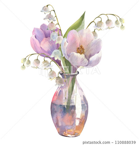 Watercolor illustration. Crocuses and lilies of the valley. Bouquet in a glass vase. spring flowers. Design for printing postcards, invitations to weddings, birthdays, spring holidays, Easter Watercolor illustration. Crocuses and lilies of the valley. Bouquet in a glass vase. spring flowers. Design for printing postcards, invitations to weddings, birthdays, spring holidays, Easter 110888039