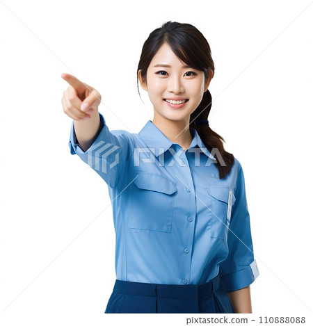 AI-generated content. Portrait an explanation pointing with his hand Looking at the camera with a smile wearing shop uniform 110888088