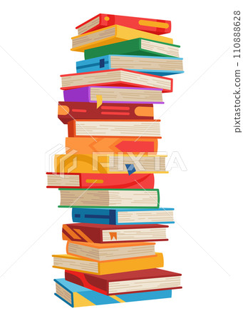 High book stacks or pile. Library textbooks and school literature heaps, dictionaries. Bookstore advertise. Cartoon stacked books angle view with different colorful covers isolated on white High book stacks or pile. Library textbooks and school literature heaps, dictionaries. Bookstore advertise. Cartoon stacked books angle view with different colorful covers isolated on white 110888628