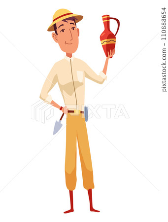 Archeology history, archaeologist explorer character. Pepople graphic element for mobile game. Isolated archaeology vector illustration 110888654
