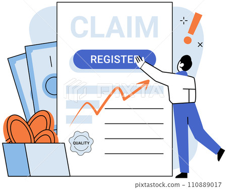 Claim vector illustration. The agreement is roadmap, guiding claim process towards financial resolution Transform paperwork into financial deal, simplifying claim and compensation Register your claim 110889017