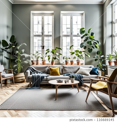 Living room interior with sofa, coffee table and plants. Scandinavian style  110889145