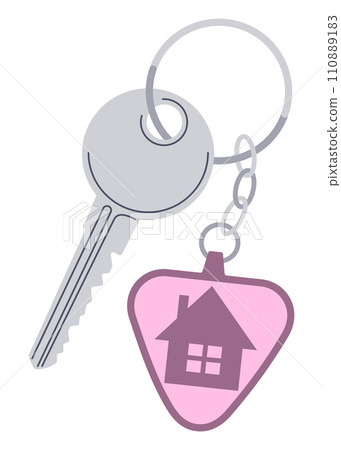 Door keys keyfob. Ring with trinket, keychains plastic tag hanging on keyring. House, apartment or room locking accessories. Cartoon flat vector isolated on white background 110889183