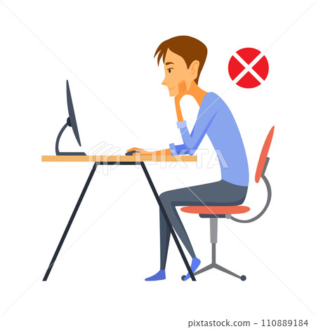 Correct body alignment in sitting working with computer. Wrong posture cause office syndrome and back pain. Vector illustration Correct body alignment in sitting working with computer. Wrong posture cause office syndrome and back pain. Vector illustration 110889184