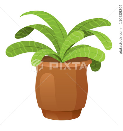Houseplant with leaves in flower pot. Gardening concept. 3d vector icon. Cartoon minimal style Houseplant with leaves in flower pot. Gardening concept. 3d vector icon. Cartoon minimal style 110889205