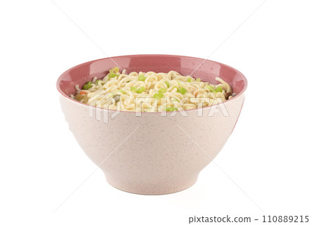 Bowl with ready instant noodles isolated on white background. Bowl with ready instant noodles isolated on white background. 110889215
