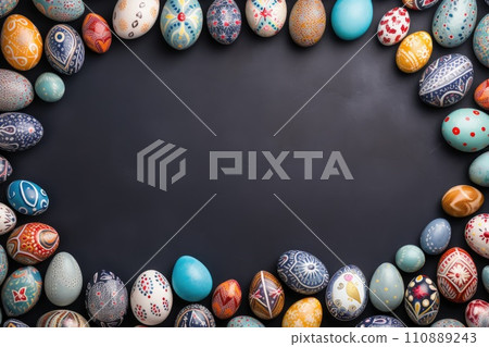 AI-generated content. Beautiful colorful easter eggs background in various sizes, in different patterns and colors, top view on dark table, copy space for text 110889243
