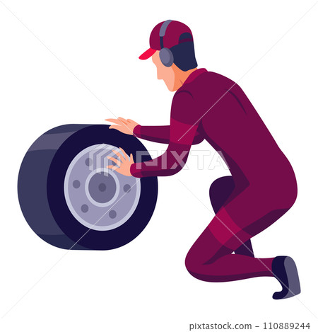 Racing car pit stop mechanics. Engineers team in uniform changing wheels, tires. Auto maintenance service, quick repair 110889244