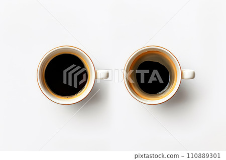 AI-generated content. Two black coffees on white table, flat lay 110889301