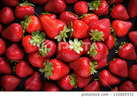 AI-generated content. Top view of many fresh bright strawberries background 110889332