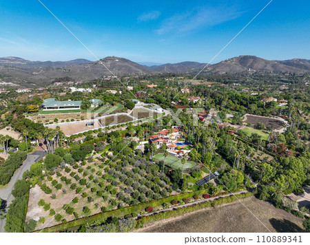 Aerial view over Rancho Santa Fe green valley landscape in San Diego 110889341