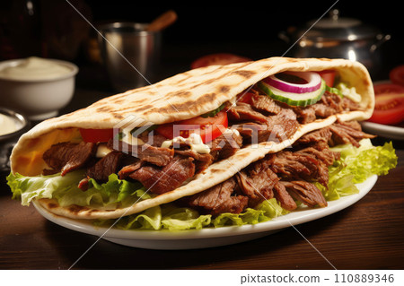 AI-generated content. Turkish kebab doner, lamb and salad with lettuce, tomatoes in a wrap 110889346