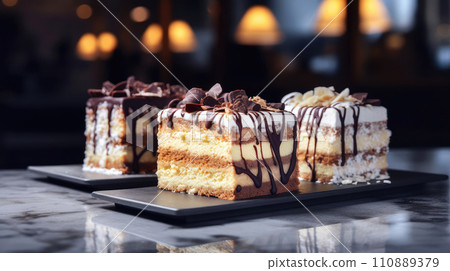 AI-generated content. Three different layered frosted slices of cakes close up on the table in a cafe or patisserie, blurred background 110889379