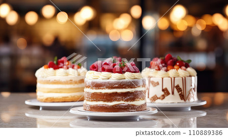 AI-generated content. Three different layered frosted cakes close up decorated with berries in a cafe or patisserie, blurred background 110889386