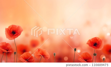AI-generated content. Beautiful field full of red poppies, close up, beautiful bokeh background, against the sun 110889473