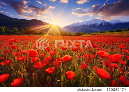 AI-generated content. Beautiful field full of red poppies, mountains on the background, backlight, against the sun 110889474