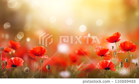 AI-generated content. Beautiful field full of red poppies, close up, beautiful bokeh background, against the sun 110889488