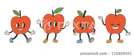 Groovy apple set. Hand draw Funny Retro vintage trendy style apple cartoon character. Doodle Comic collection 110889501