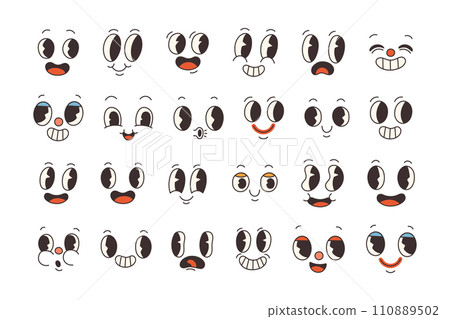 Set of 70s groovy comic faces vector. Collection of cartoon character faces, in different emotions. Groovy stickers. 110889502