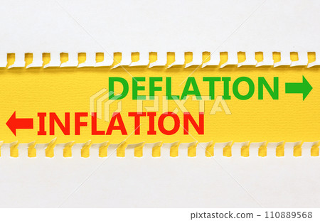 Deflation inflation symbol. Concept word Deflation Inflation on beautiful yellow paper. Beautiful white paper background. Business deflation or inflation concept. Copy space. 110889568