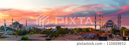Sunset panorama over Hagia Sophia and the Blue Mosque of Istanbul, view on the city skyline, Turkey 110889652