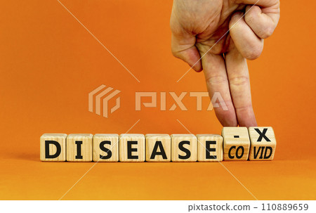 Disease X after covid symbol. Turned cubes and changed the word Disease COVID to Disease X. Beautiful orange table orange background. Doctor hand. Medical, Disease X after covid concept. Copy space. Disease X after covid symbol. Turned cubes and changed the word Disease COVID to Disease X. Beautiful orange table orange background. Doctor hand. Medical, Disease X after covid concept. Copy space. 110889659