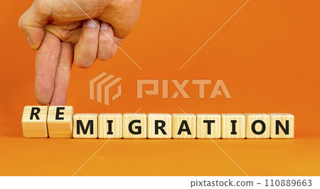 Migration or remigration symbol. Concept word Migration Remigration on beautiful wooden cubes. Beautiful orange background. Businessman hand. Business migration or remigration concept. Copy space. 110889663