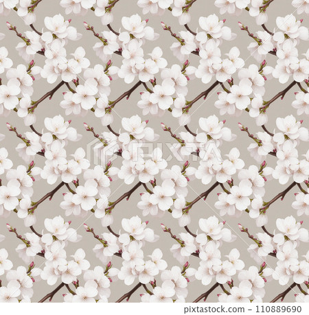 Cherry blossom seamless pattern. Cherry flowers on light background.  Repetitive cherry blossom. Perfect for backgrounds, banners, and tiles 110889690