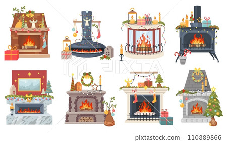 Christmas fireplaces. Decorated interior elements. Home hearths with festive garlands. Holiday glass balls. Fir trees. Gifts socks or boxes. Xmas light. Household furnace. Recent vector set 110889866