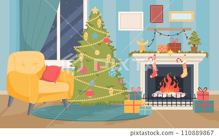 Christmas interior with fireplace. Home hearth. Festive garlands. Gift socks. Present boxes. Cozy room. Decorated house. Xmas tree with toys. Comfortable armchair. Recent vector concept 110889867
