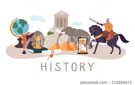 Historical elements composition. School subject. Ancient civilization. History education. Antique hourglass. Egyptian pyramid. Mammoth or horseman. Greek temple. Garish vector concept 110889872