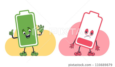 Two cartoon batteries. Green charged and red discharged. Full charging. Happy or sad mascots. Electrical power. Rechargeable accumulators. Overworked and active chargers. Vector concept 110889879