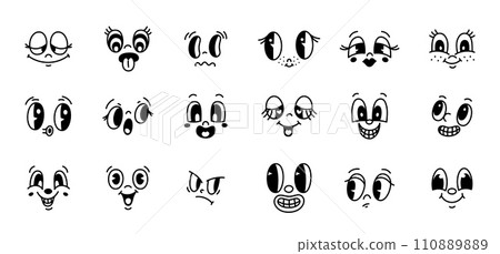Cartoon retro faces. 50s, 60s old animation elements, funny comics characters, cute emotions, vintage happy mascot characters. Creator elements isolated 1950s style garish vector set Cartoon retro faces. 50s, 60s old animation elements, funny comics characters, cute emotions, vintage happy mascot characters. Creator elements isolated 1950s style garish vector set 110889889