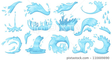 Cartoon water splashes. Blue waves, drops, spray, pure liquid different shapes, clean aqua, flying and flowing particles, sea and ocean droplets in motion, recent vector isolated set Cartoon water splashes. Blue waves, drops, spray, pure liquid different shapes, clean aqua, flying and flowing particles, sea and ocean droplets in motion, recent vector isolated set 110889890