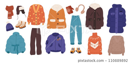 Fashion winter clothes. Modern warm wear, casual style, down jackets, parkas and bombers, knitted sweaters, hats and scarves, jackets and boots. Cartoon flat isolated garish vector set Fashion winter clothes. Modern warm wear, casual style, down jackets, parkas and bombers, knitted sweaters, hats and scarves, jackets and boots. Cartoon flat isolated garish vector set 110889892