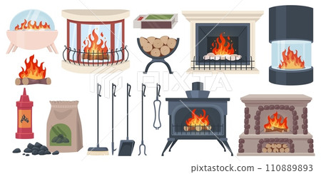 Fireplaces and hearths elements. Lighting home fire accessories, interior heating facilities, woodcutter, coals and ignition, modern and retro design, cartoon recent vector set 110889893