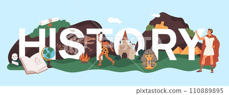 Historical site header. Online school class design, research, science education, ancient civilization culture. Huge letters. Educational poster cartoon flat isolated garish vector concept Historical site header. Online school class design, research, science education, ancient civilization culture. Huge letters. Educational poster cartoon flat isolated garish vector concept 110889895
