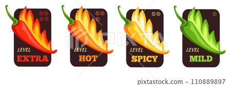 Hot sauces labels. Spicy taste graduation, ketchup with different types of pepper, chili, jalapeno, hard and mild stickers. Menu food icons. Cartoon flat isolated splendid vector set Hot sauces labels. Spicy taste graduation, ketchup with different types of pepper, chili, jalapeno, hard and mild stickers. Menu food icons. Cartoon flat isolated splendid vector set 110889897
