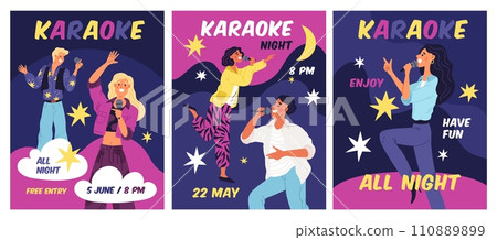 Karaoke club visitors cards. Happy friends have fun at music bar, people singing songs into microphone, vocal competition, greeting poster design, cartoon flat isolated garish vector set 110889899