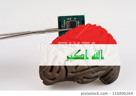 On a white background, a model of the brain with a picture of a flag - Iraq, a microcircuit, a processor, is implanted into it. 110890264